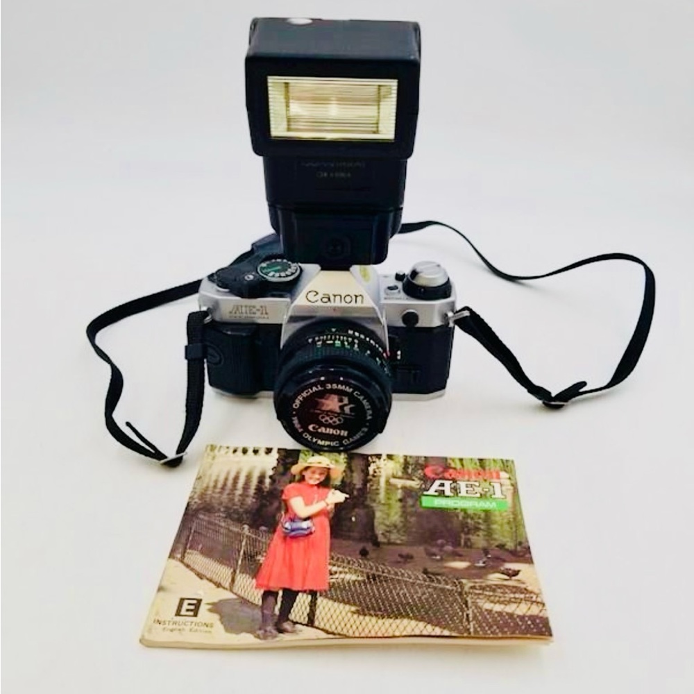 Vintage Canon AE-1 35mm Official 1984 Olympics Games Camera Plus Flash